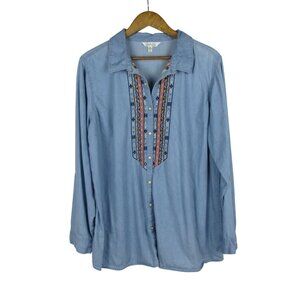 Krazy Kat denim shirt with Pearl Snap Embroidery Long Sleeve Size XXL Western